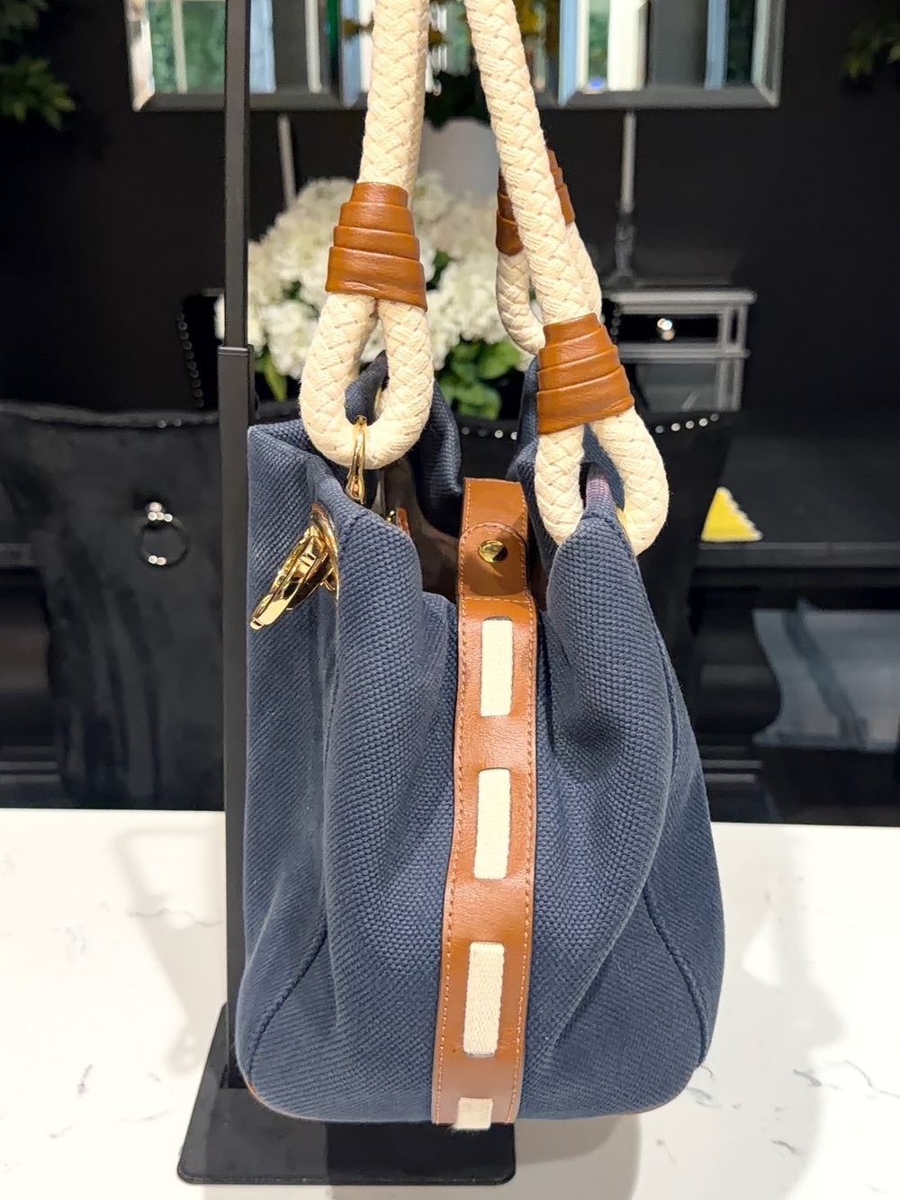 Michael Kors Navy Canvas Tote with Cream Rope Handles - Picture 2 of 8